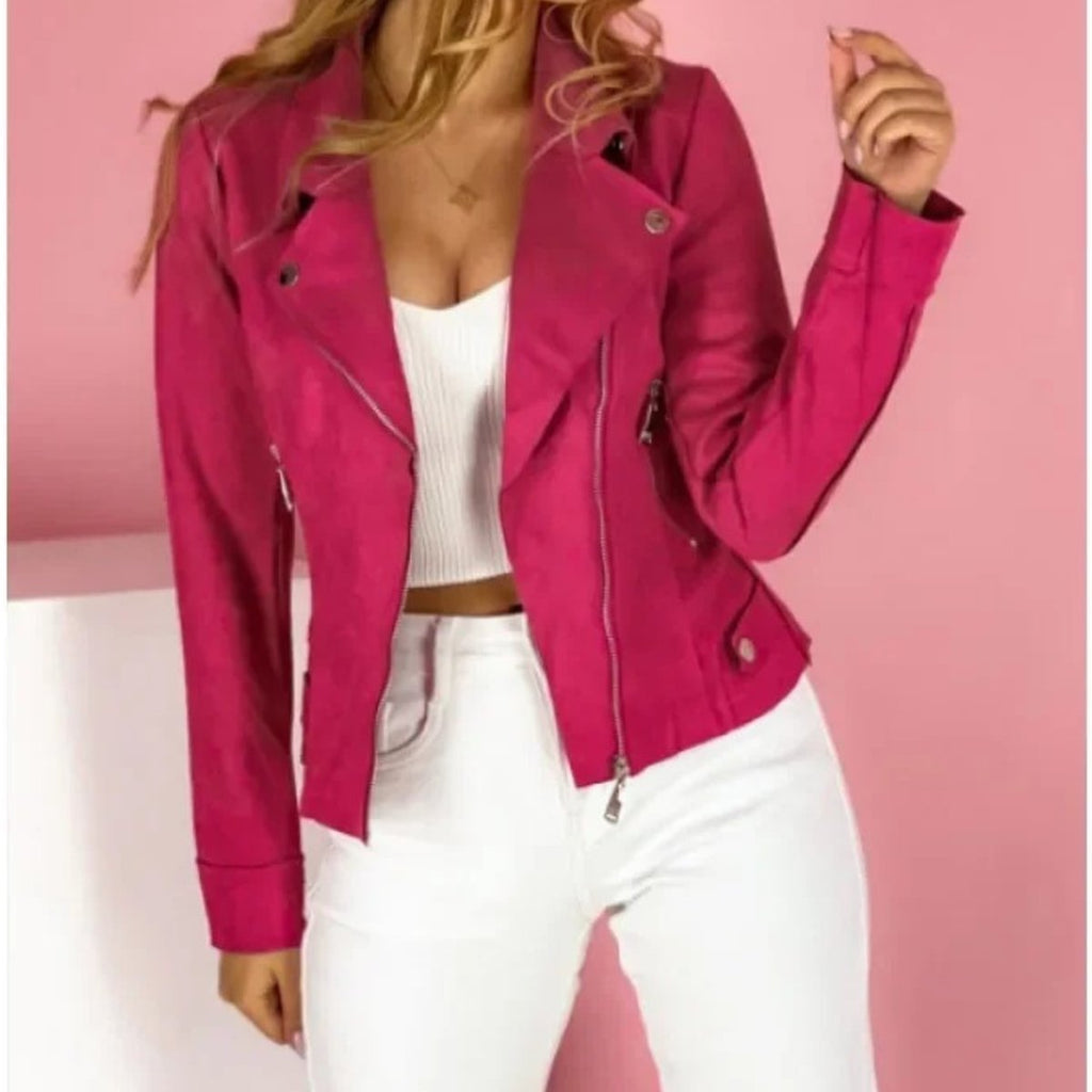 Women's Slim Vegan Leather Moto Jacket with Convertible Collar