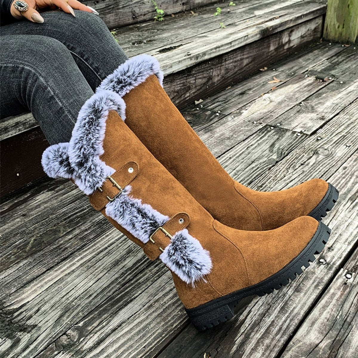 Women's Buckled Knee-High Boots with Faux Fur Cuff