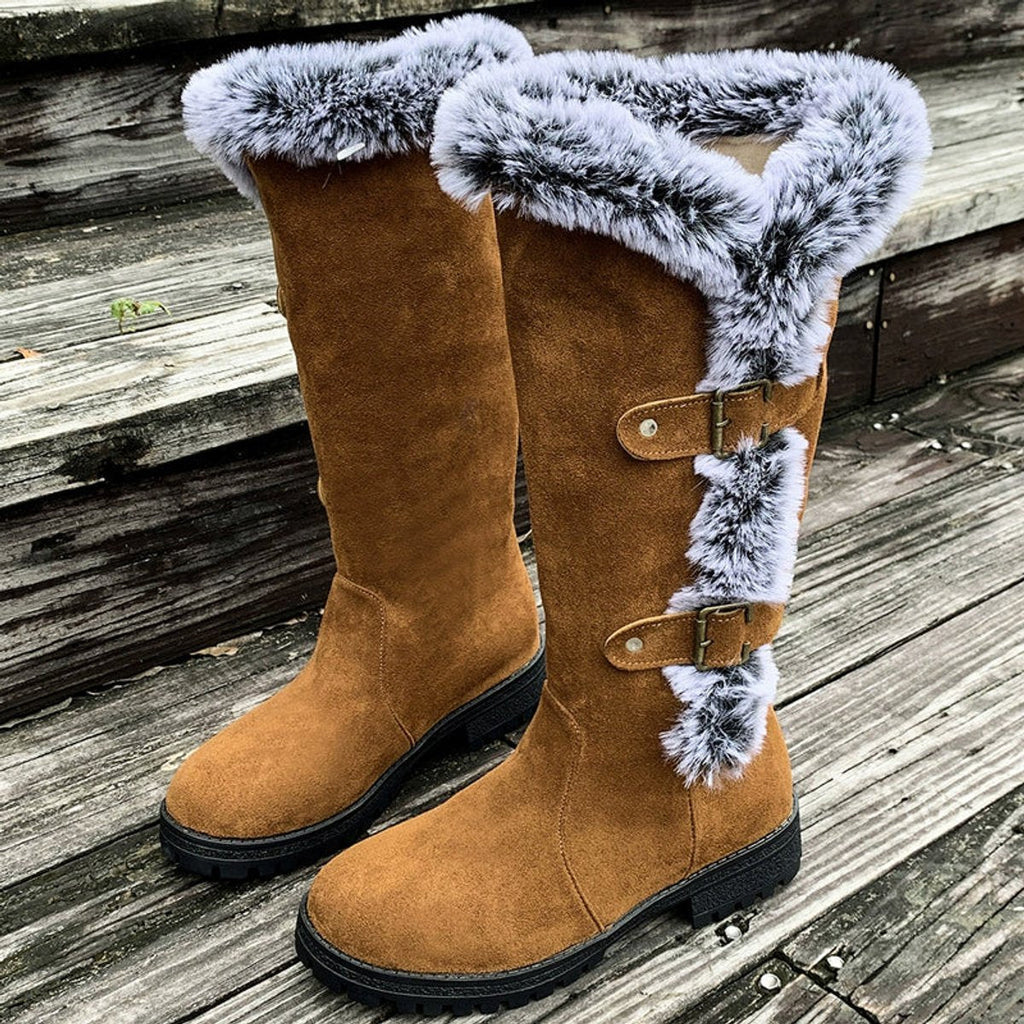 Women's Buckled Knee-High Boots with Faux Fur Cuff