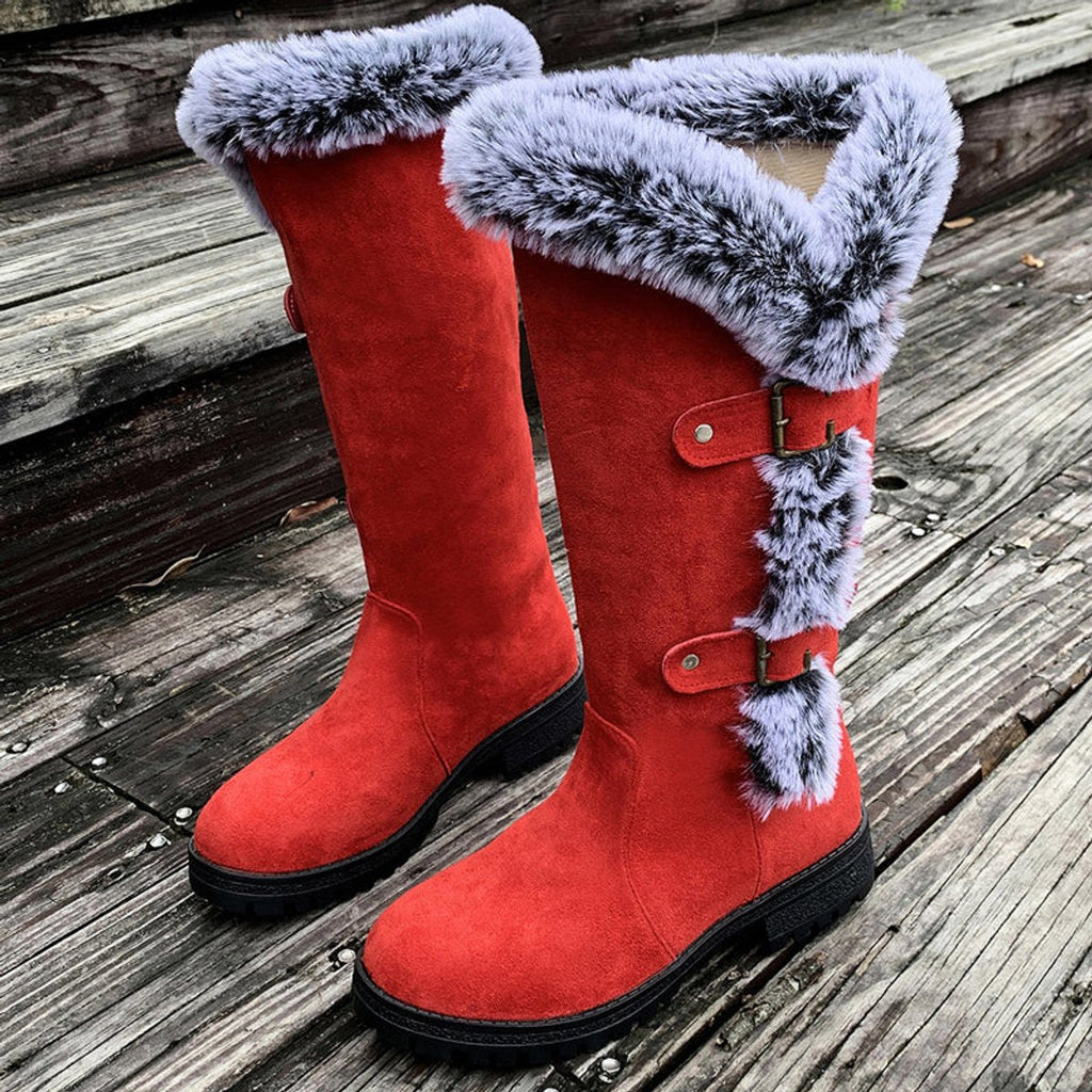 Women's Buckled Knee-High Boots with Faux Fur Cuff
