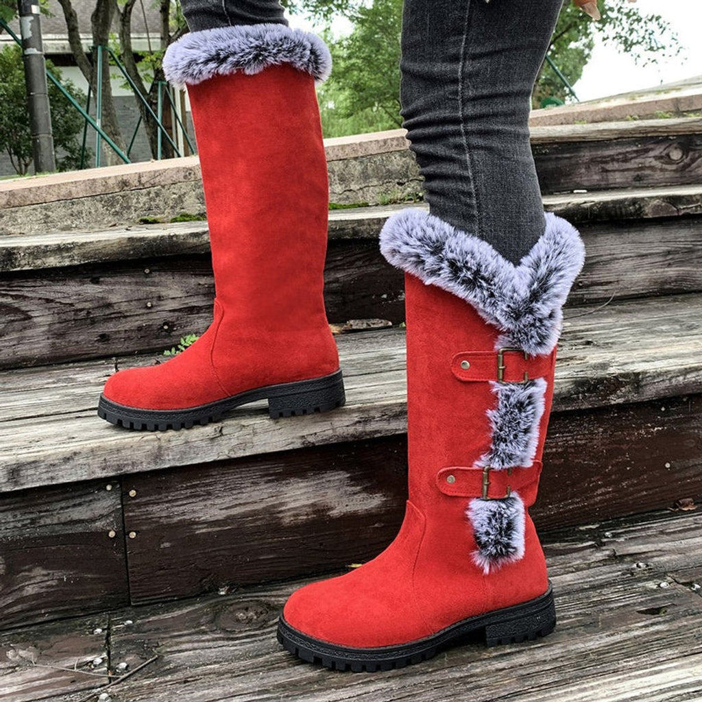 Women's Buckled Knee-High Boots with Faux Fur Cuff