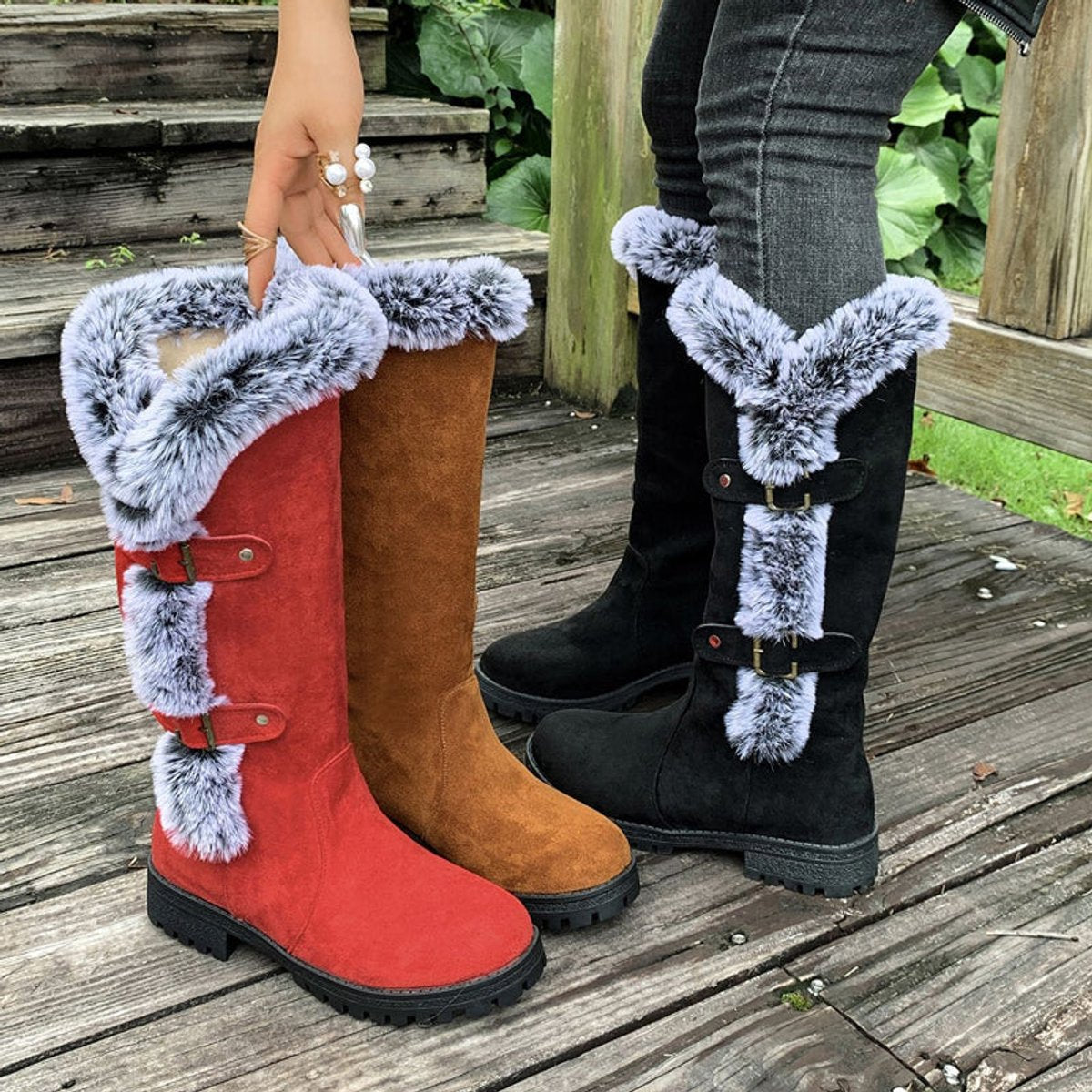 Women's Buckled Knee-High Boots with Faux Fur Cuff