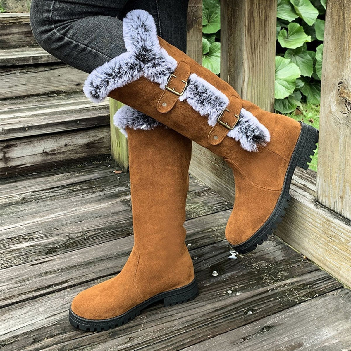 Women's Buckled Knee-High Boots with Faux Fur Cuff