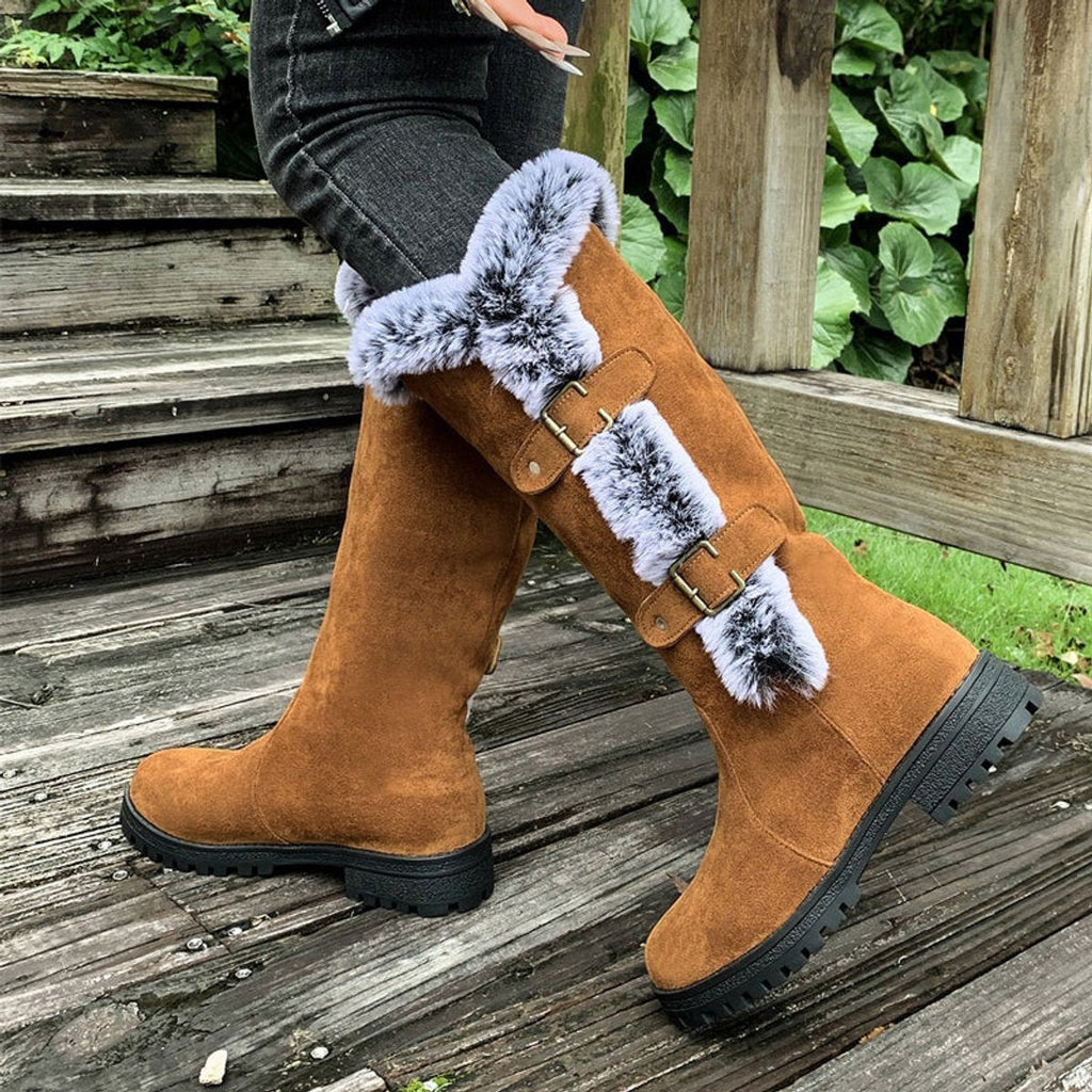 Women's Buckled Knee-High Boots with Faux Fur Cuff