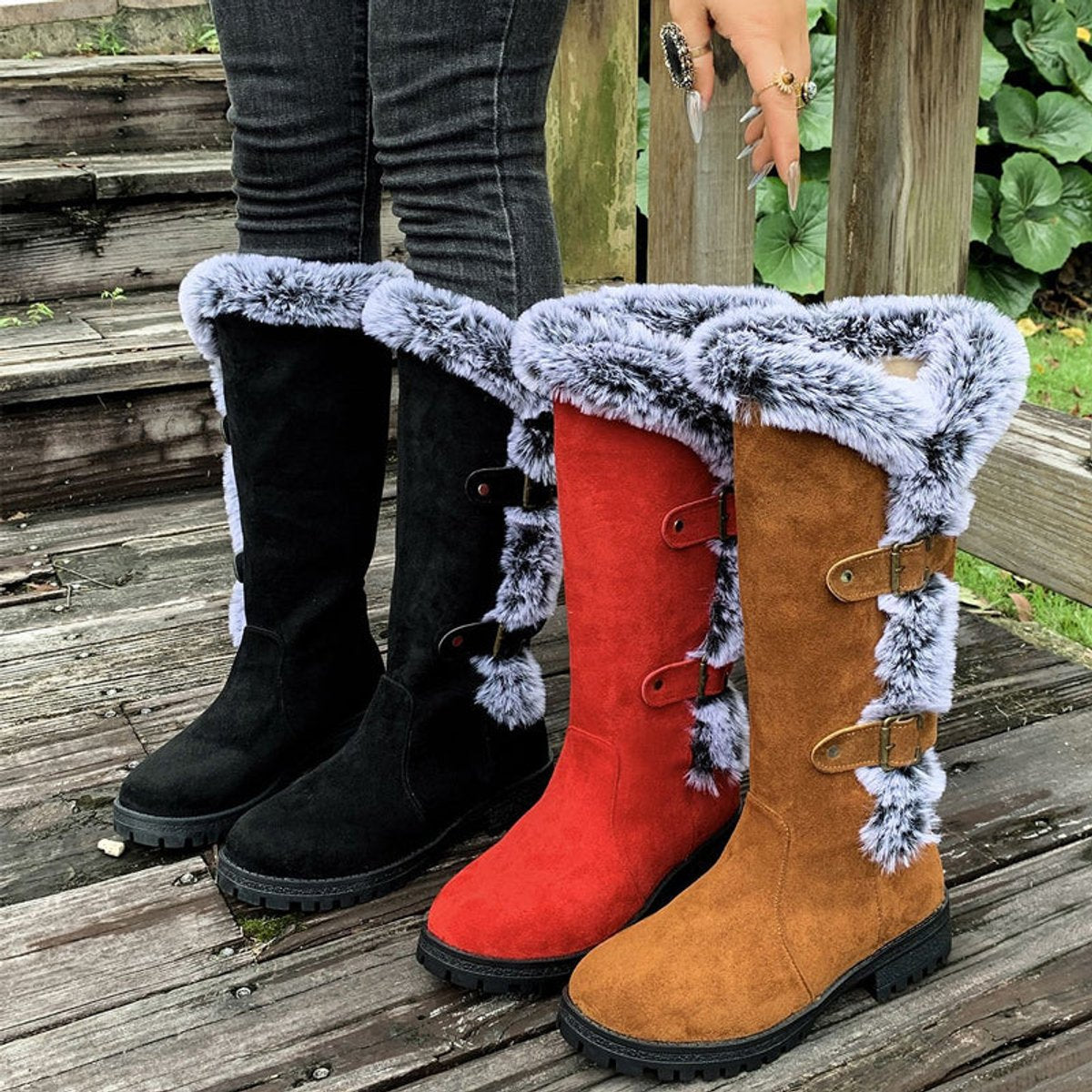 Women's Buckled Knee-High Boots with Faux Fur Cuff