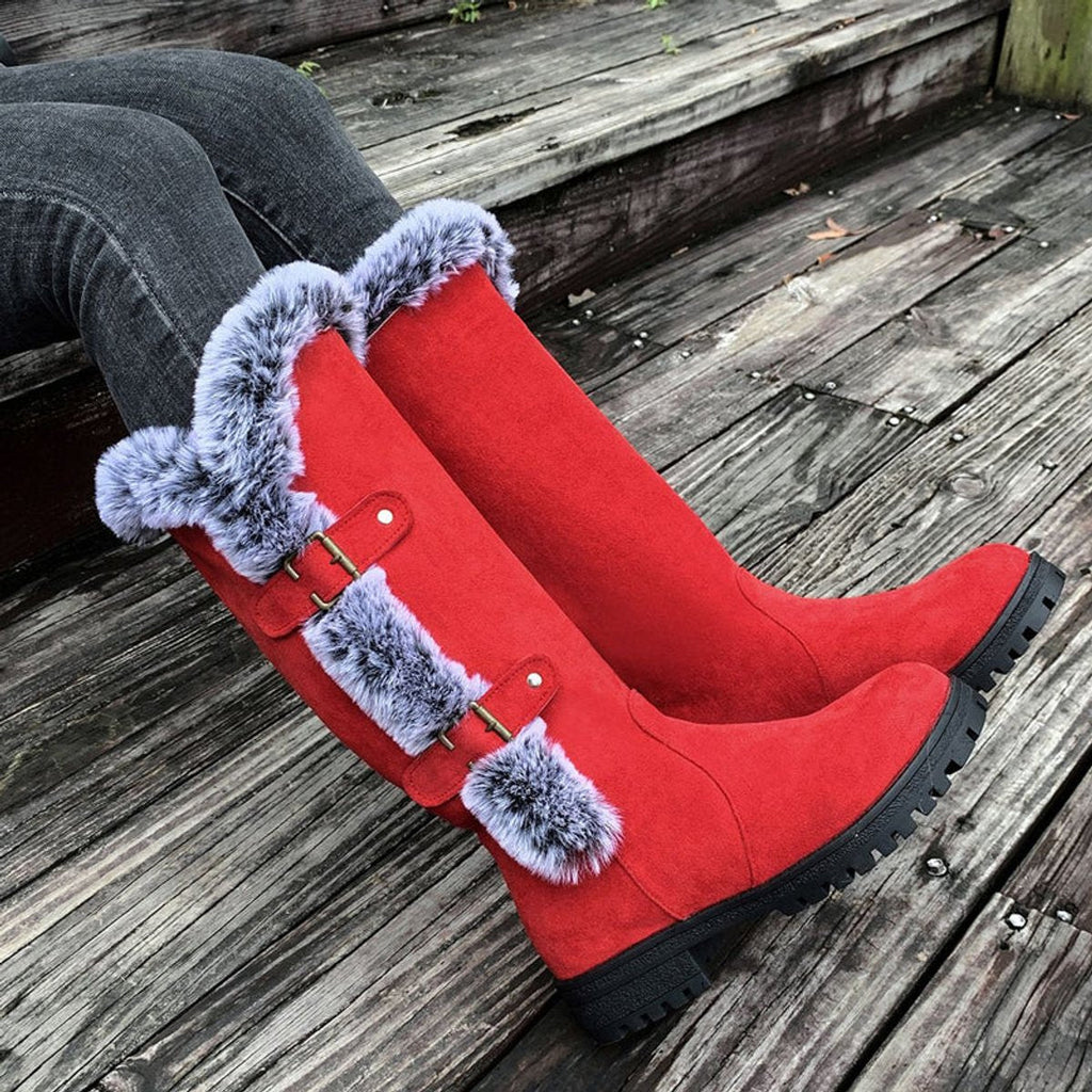 Women's Buckled Knee-High Boots with Faux Fur Cuff