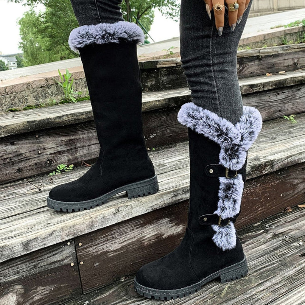 Women's Buckled Knee-High Boots with Faux Fur Cuff