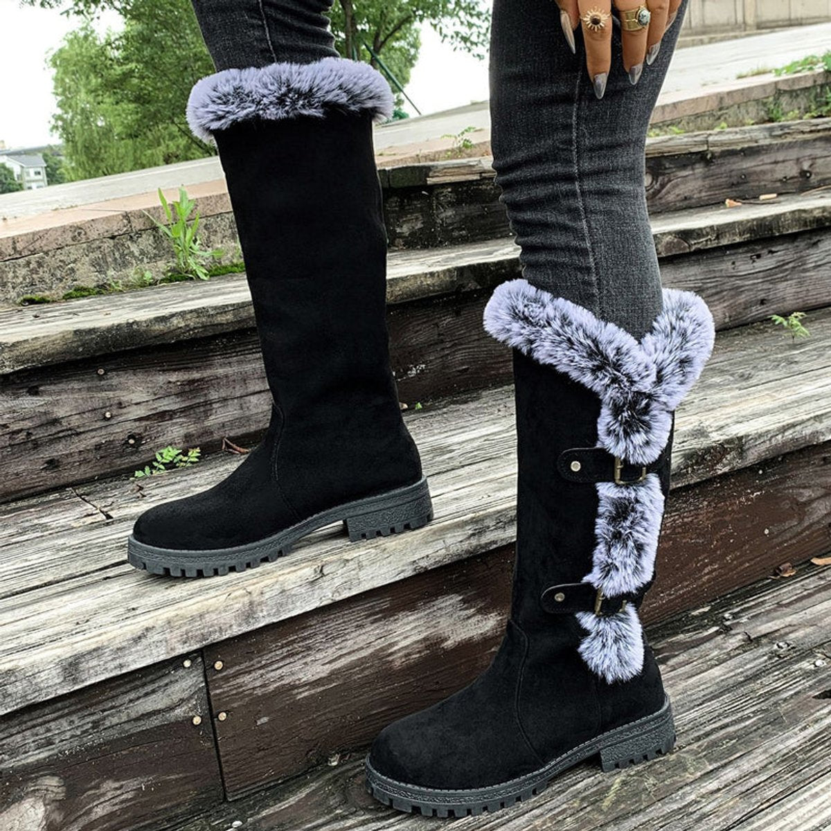 Women's Buckled Knee-High Boots with Faux Fur Cuff
