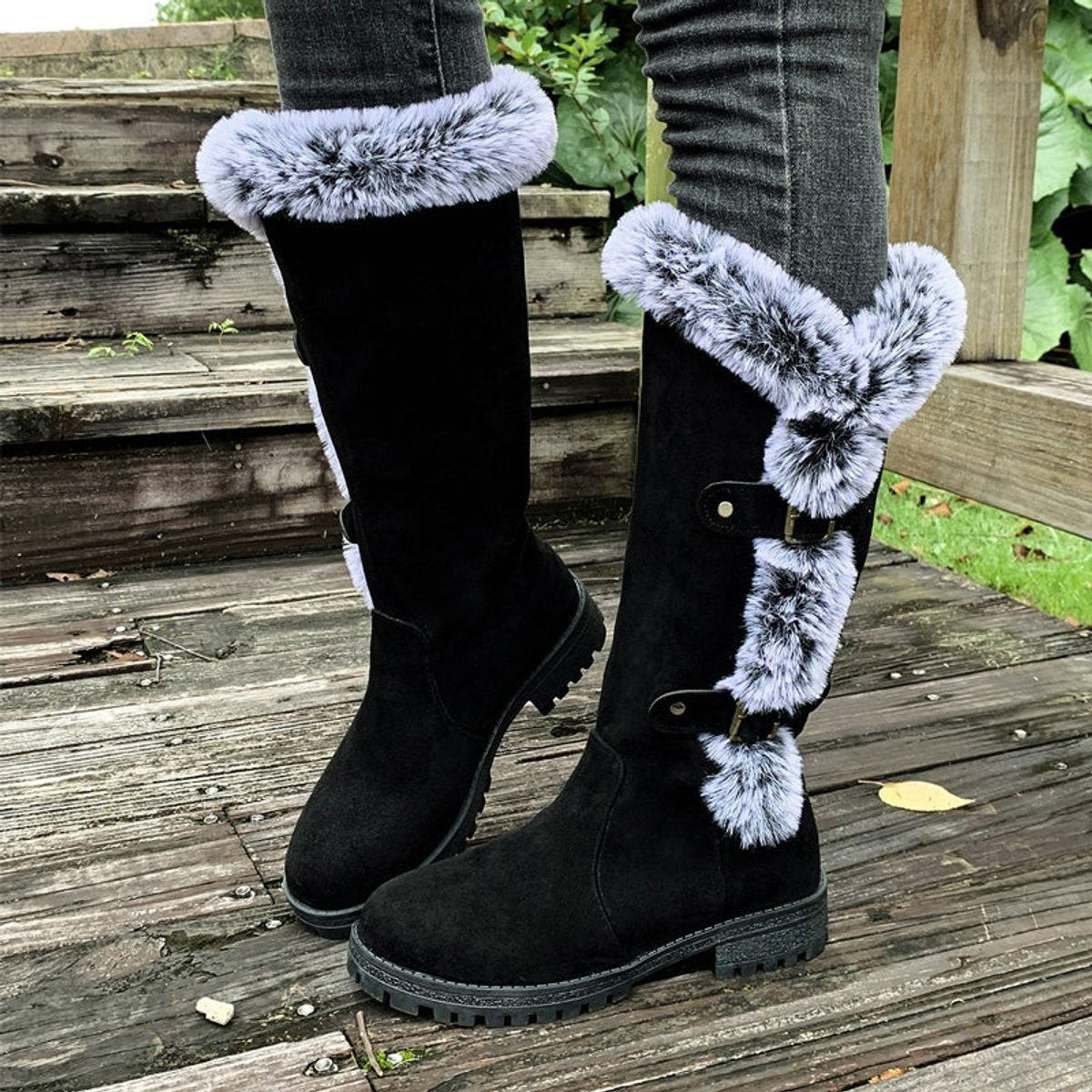 Women's Buckled Knee-High Boots with Faux Fur Cuff