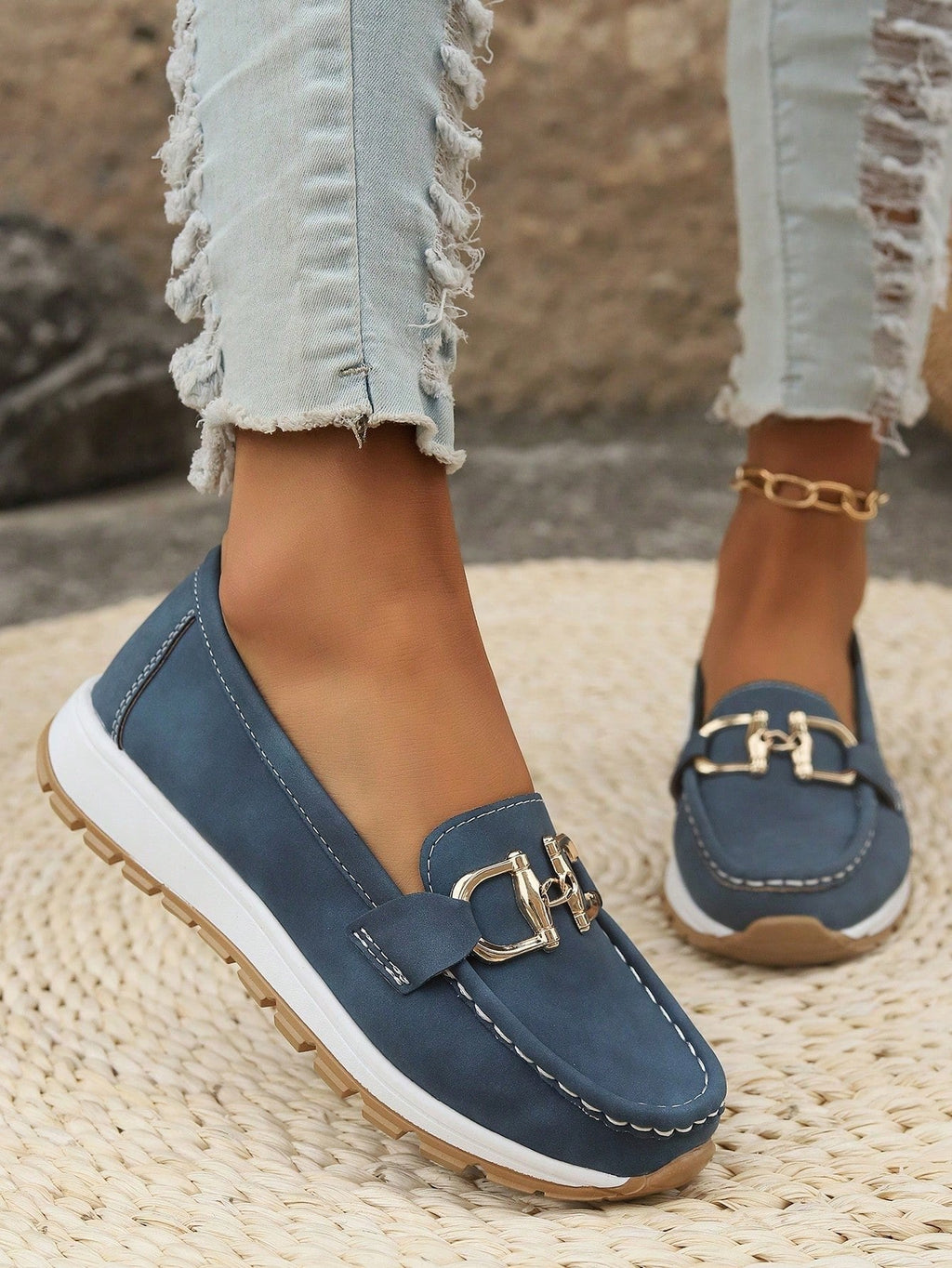 Women's Elastic Panel Buckle Accent Slip-On Loafers