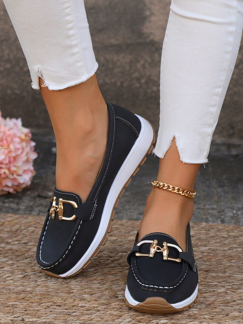 Women's Elastic Panel Buckle Accent Slip-On Loafers
