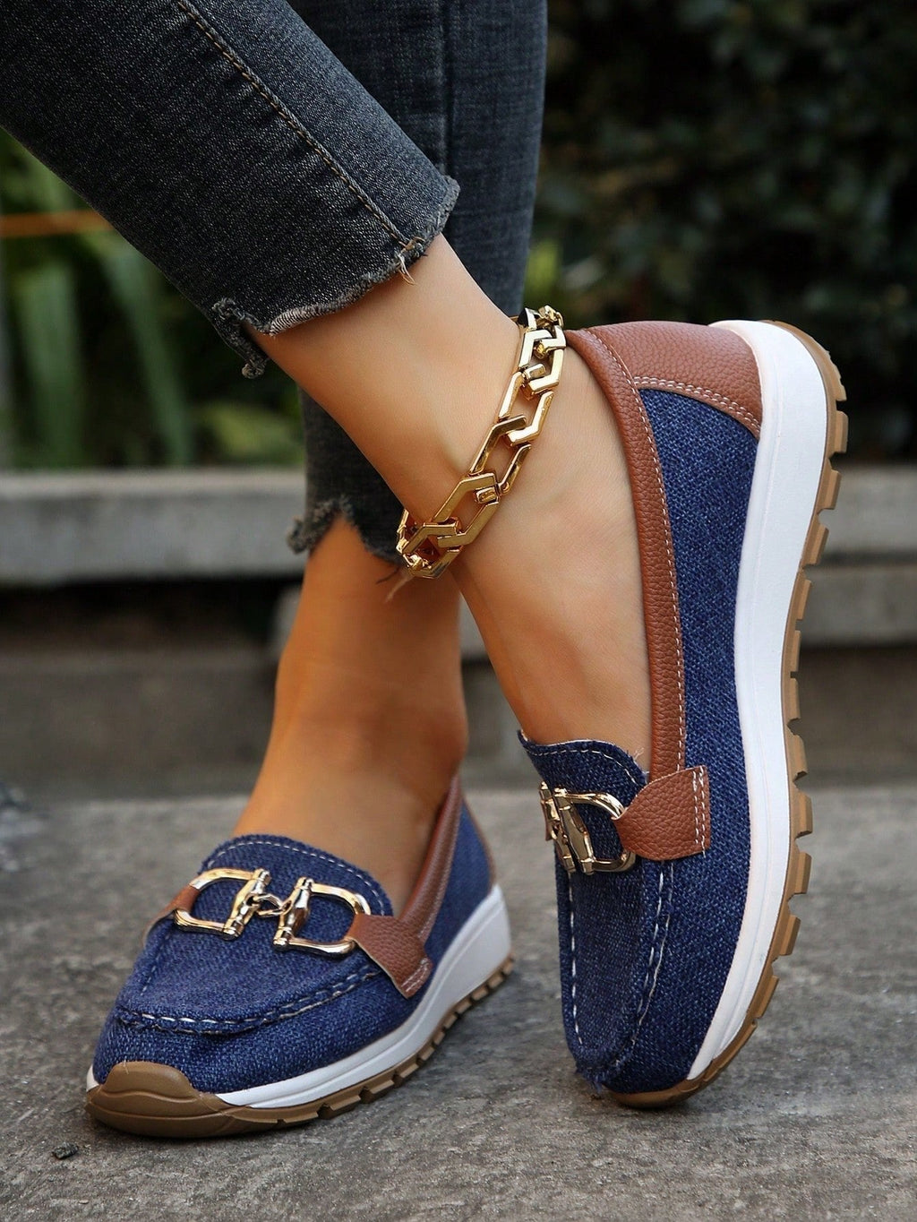 Women's Elastic Panel Buckle Accent Slip-On Loafers