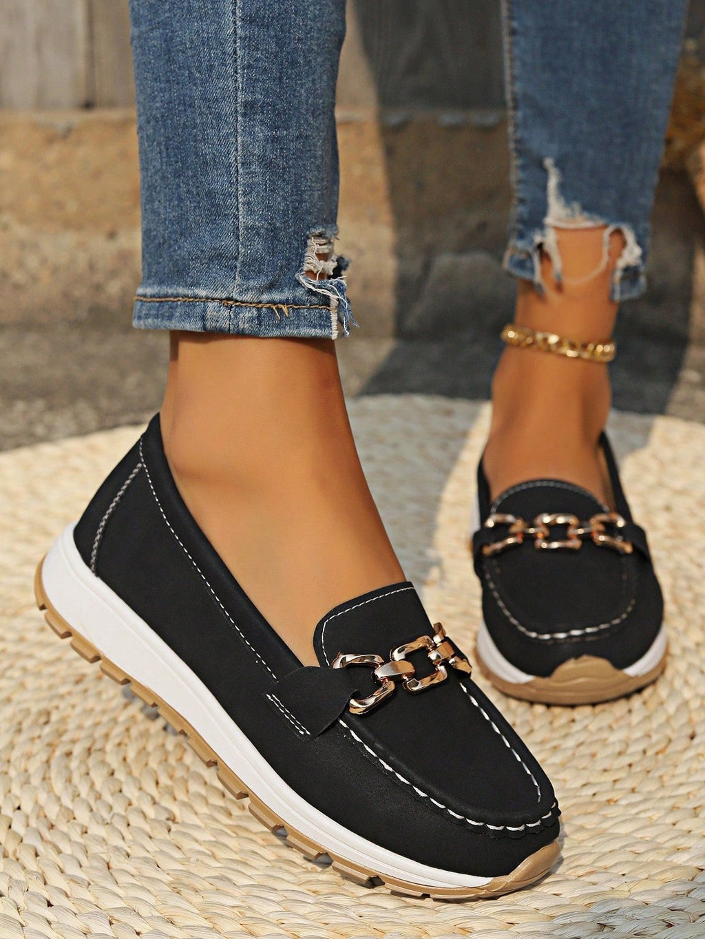 Women's Elastic Panel Buckle Accent Slip-On Loafers