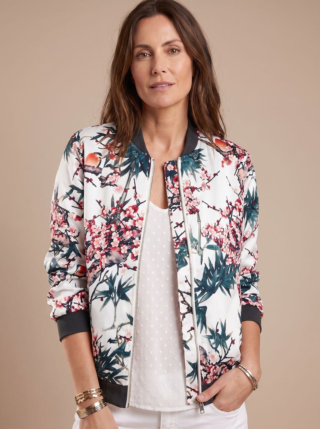 Women's Cherry Blossom Print Bomber Coat with Zipper