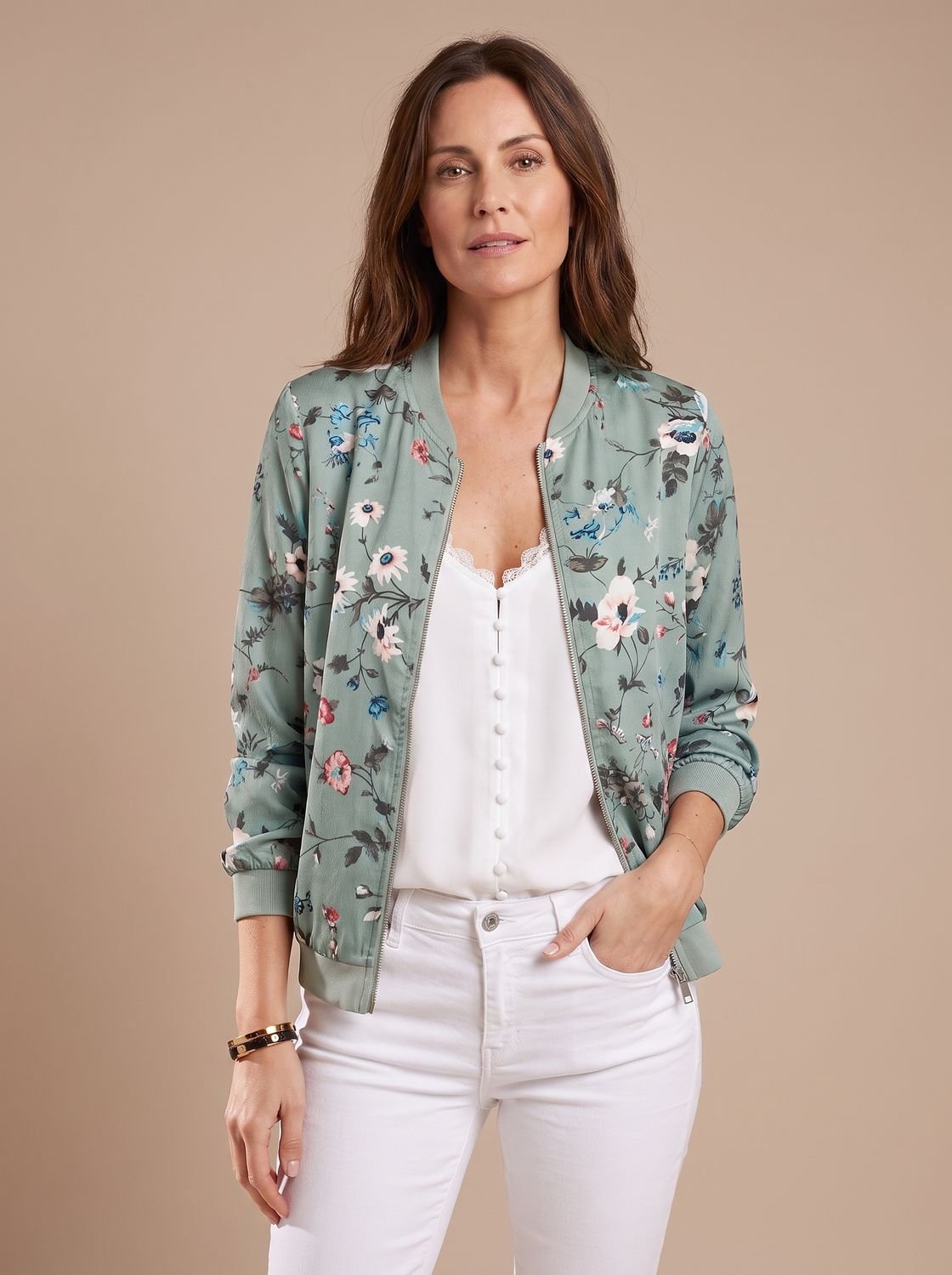 Women's Cherry Blossom Print Bomber Coat with Zipper