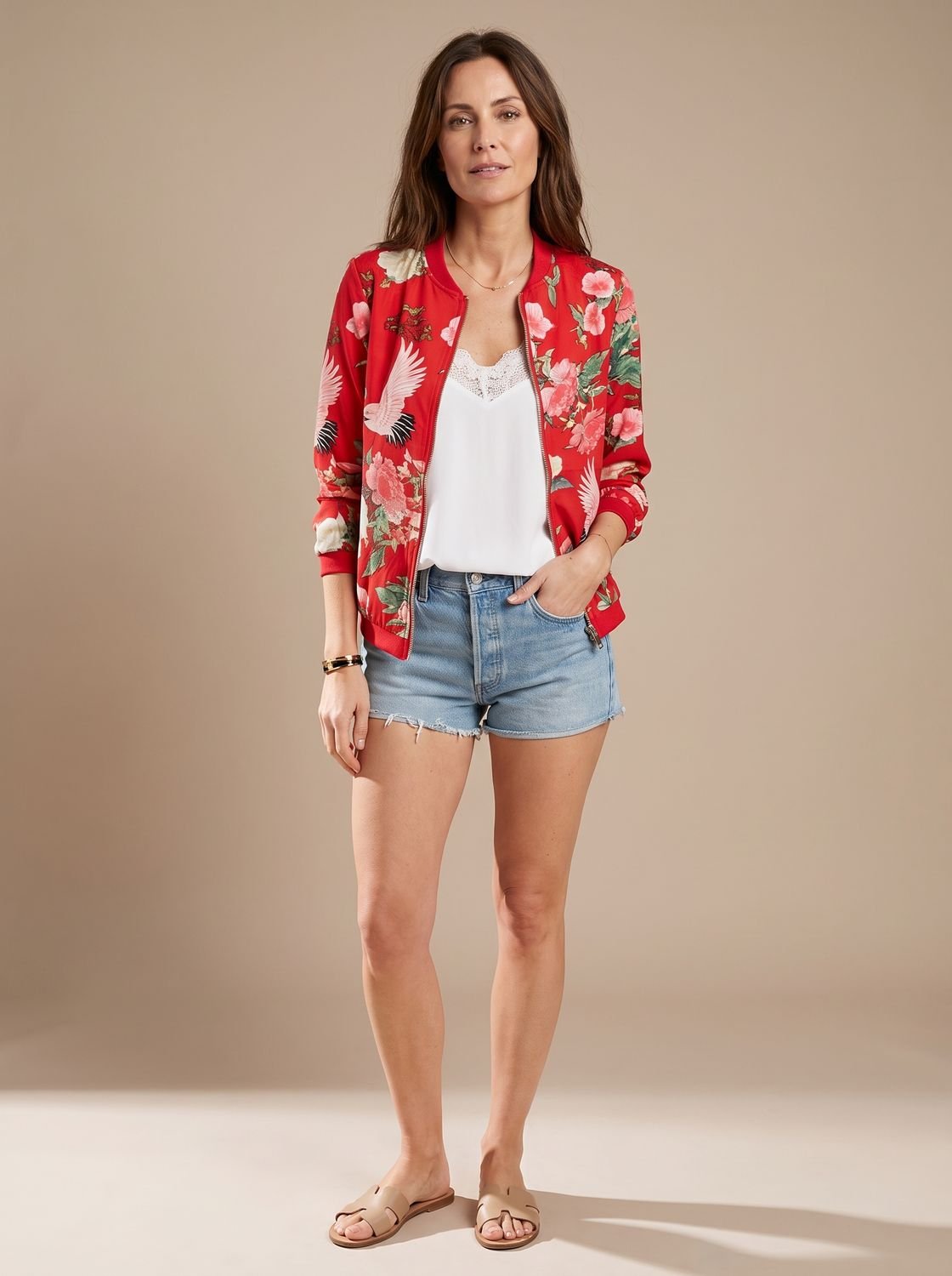 Women's Cherry Blossom Print Bomber Coat with Zipper
