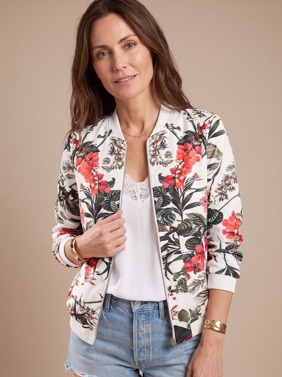 Women's Cherry Blossom Print Bomber Coat with Zipper