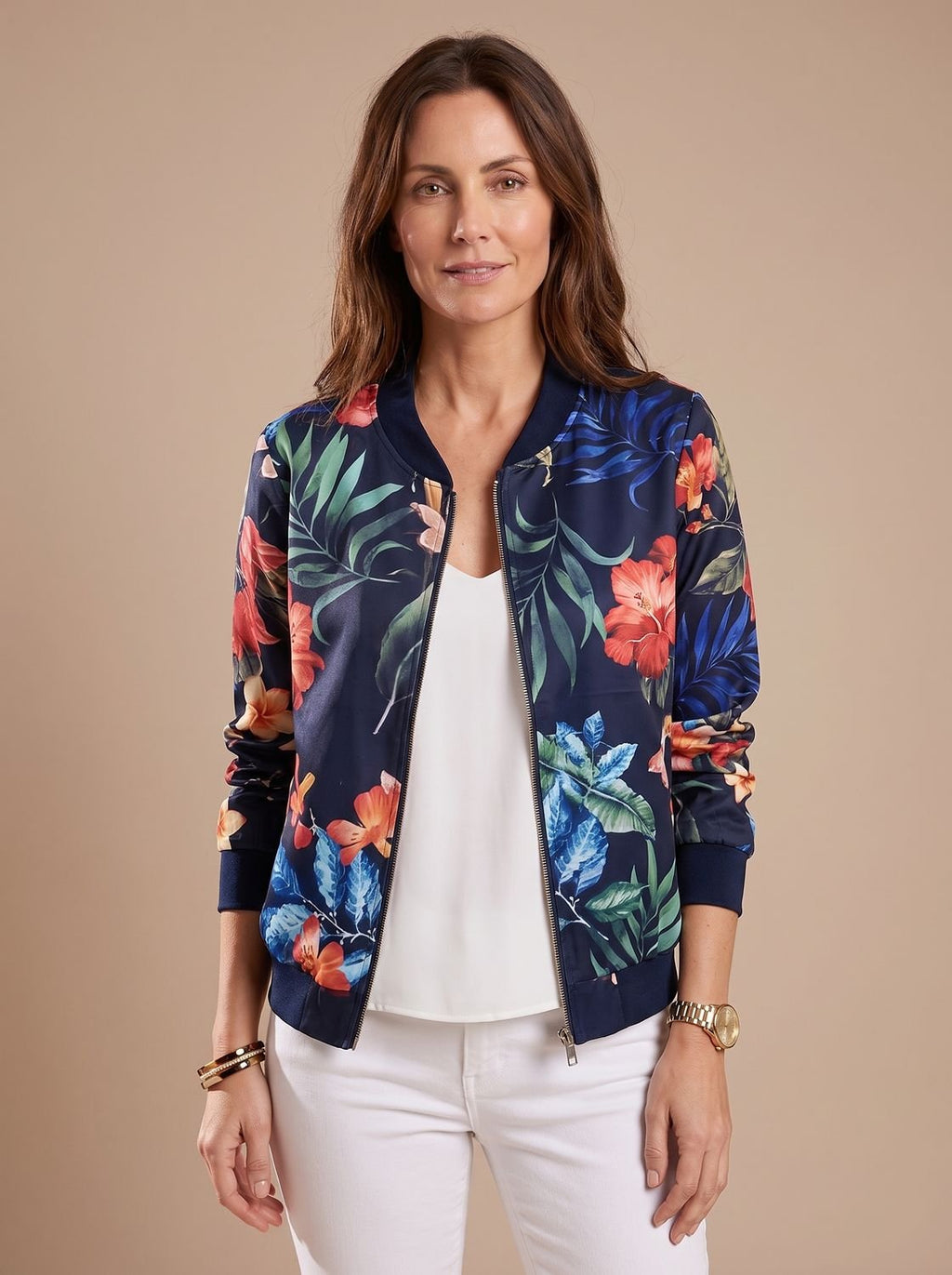 Women's Cherry Blossom Print Bomber Coat with Zipper