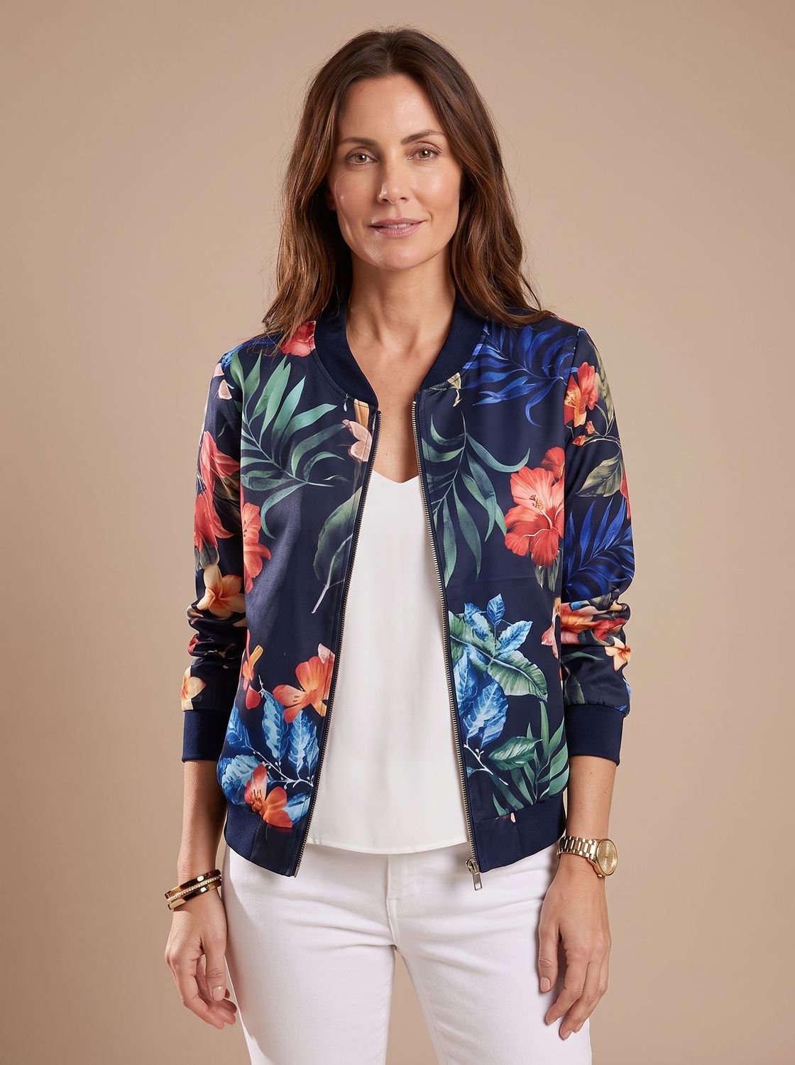 Women's Cherry Blossom Print Bomber Coat with Zipper
