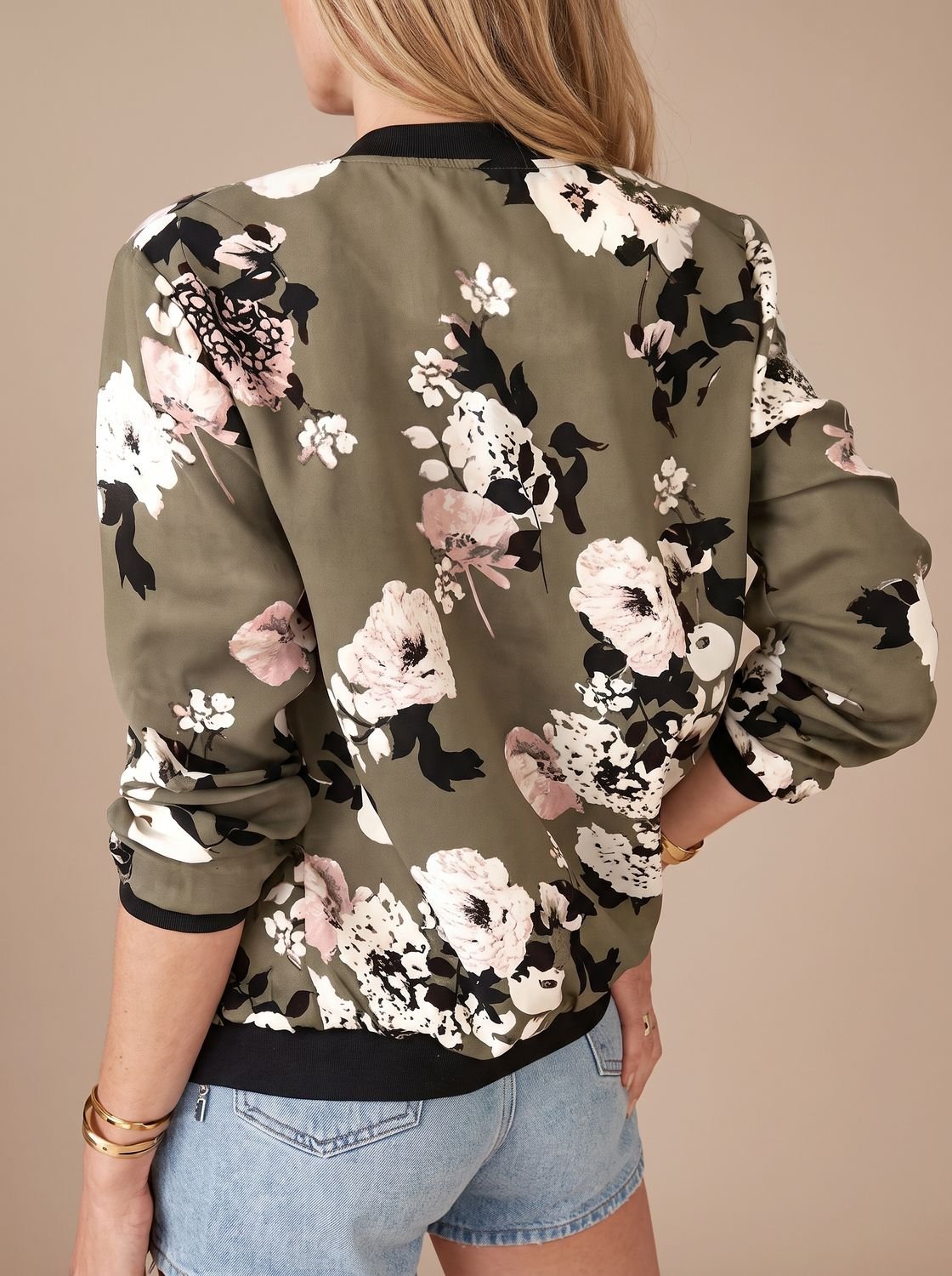 Women's Cherry Blossom Print Bomber Coat with Zipper