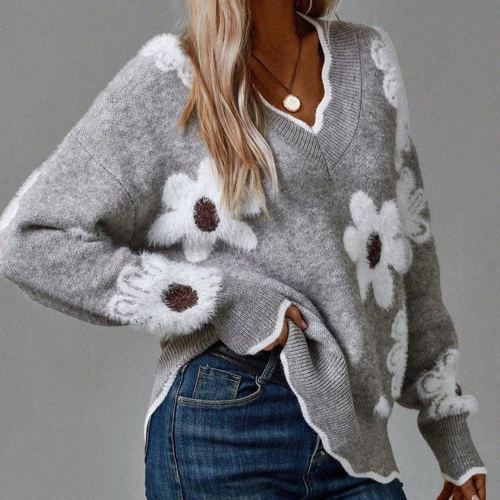 Women's Contrast Trim Floral Textured V-Neck Knit Pullover