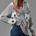 Women's Contrast Trim Floral Textured V-Neck Knit Pullover