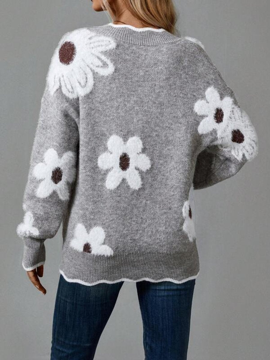 Women's Contrast Trim Floral Textured V-Neck Knit Pullover