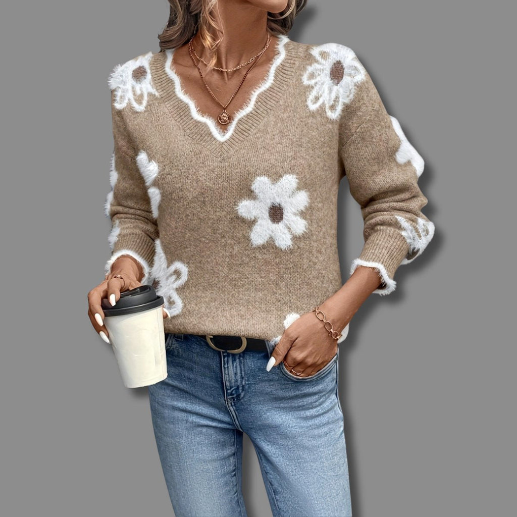 Women's Contrast Trim Floral Textured V-Neck Knit Pullover