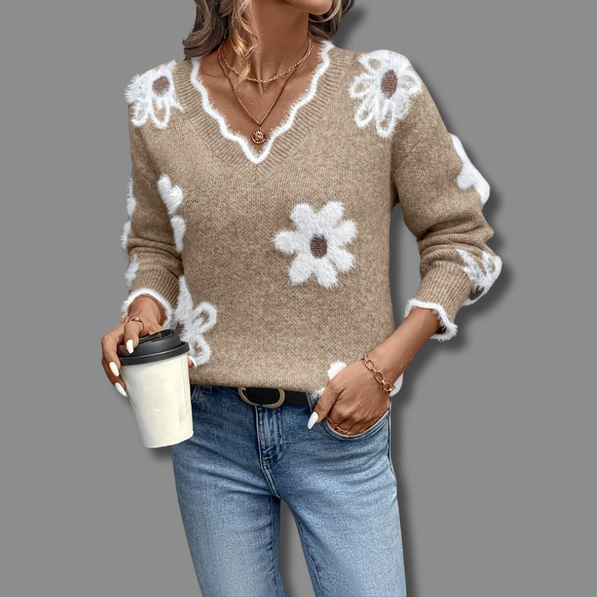 Women's Contrast Trim Floral Textured V-Neck Knit Pullover