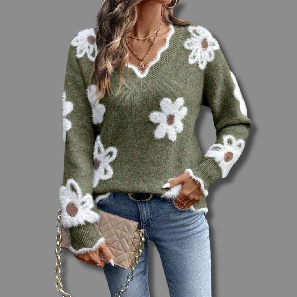 Women's Contrast Trim Floral Textured V-Neck Knit Pullover