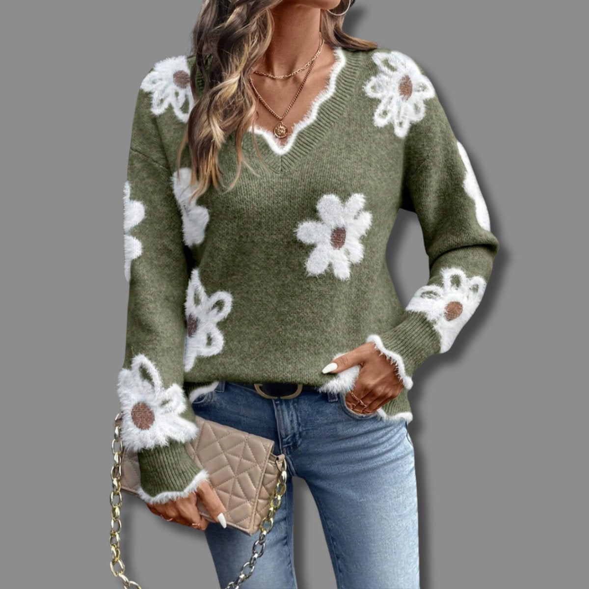 Women's Contrast Trim Floral Textured V-Neck Knit Pullover