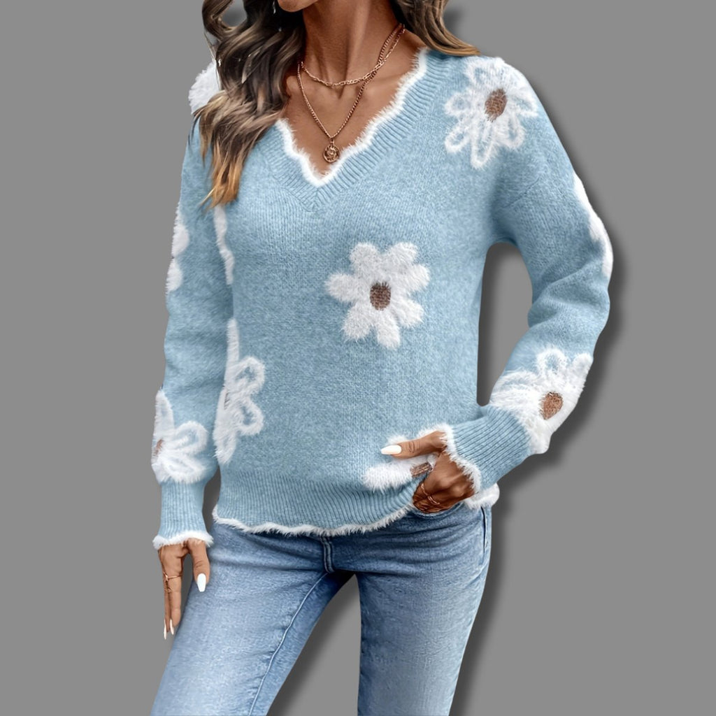 Women's Contrast Trim Floral Textured V-Neck Knit Pullover
