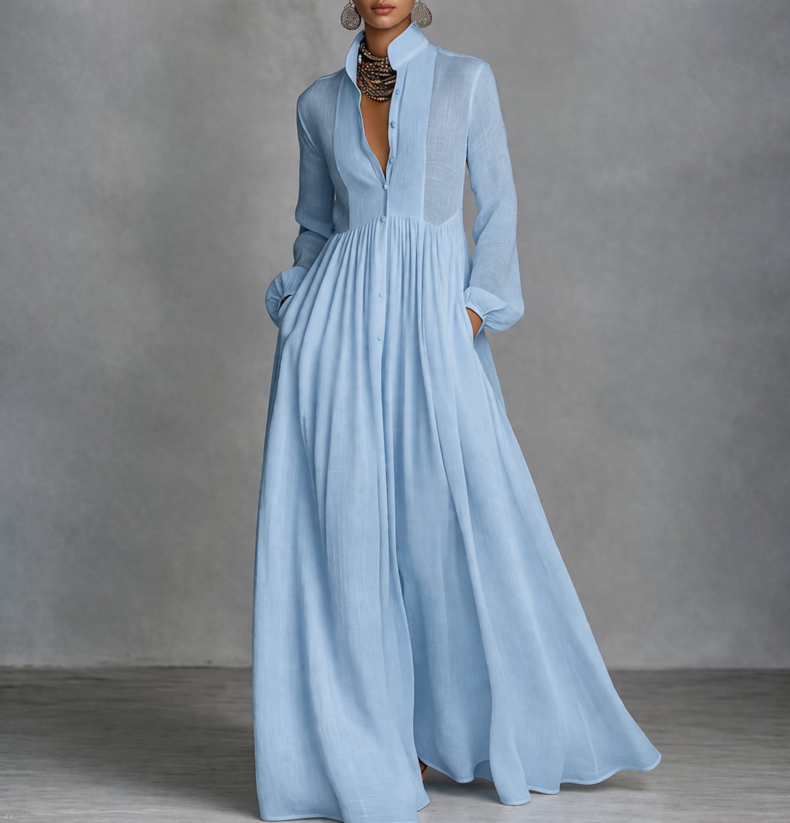 Women's A-Line Button Up Gathered Waist Maxi Dress