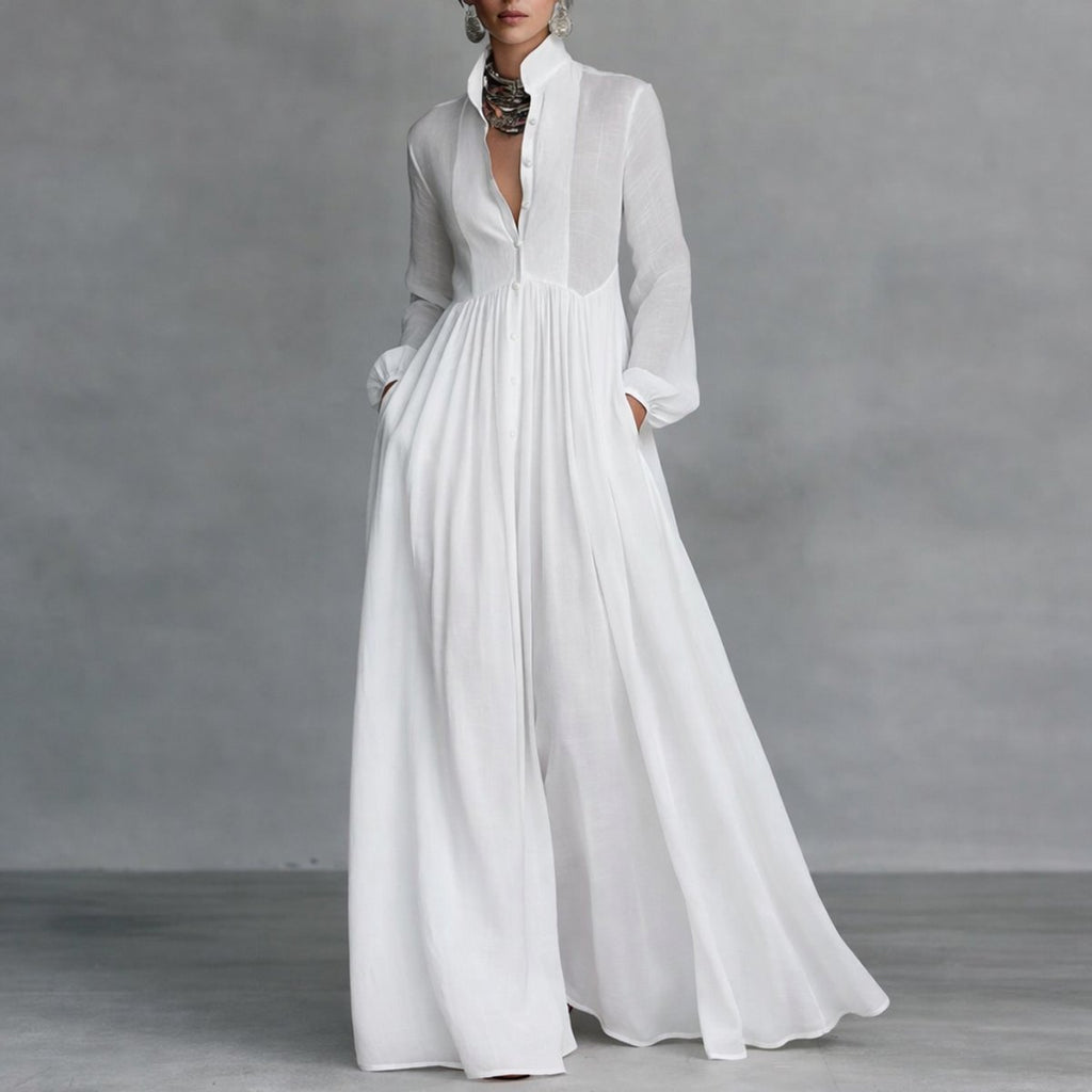 Women's A-Line Button Up Gathered Waist Maxi Dress