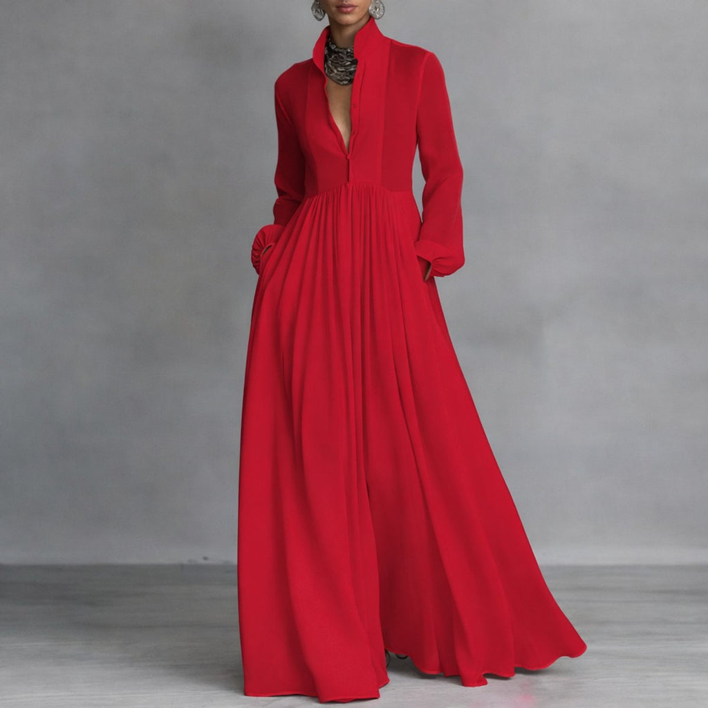 Women's A-Line Button Up Gathered Waist Maxi Dress
