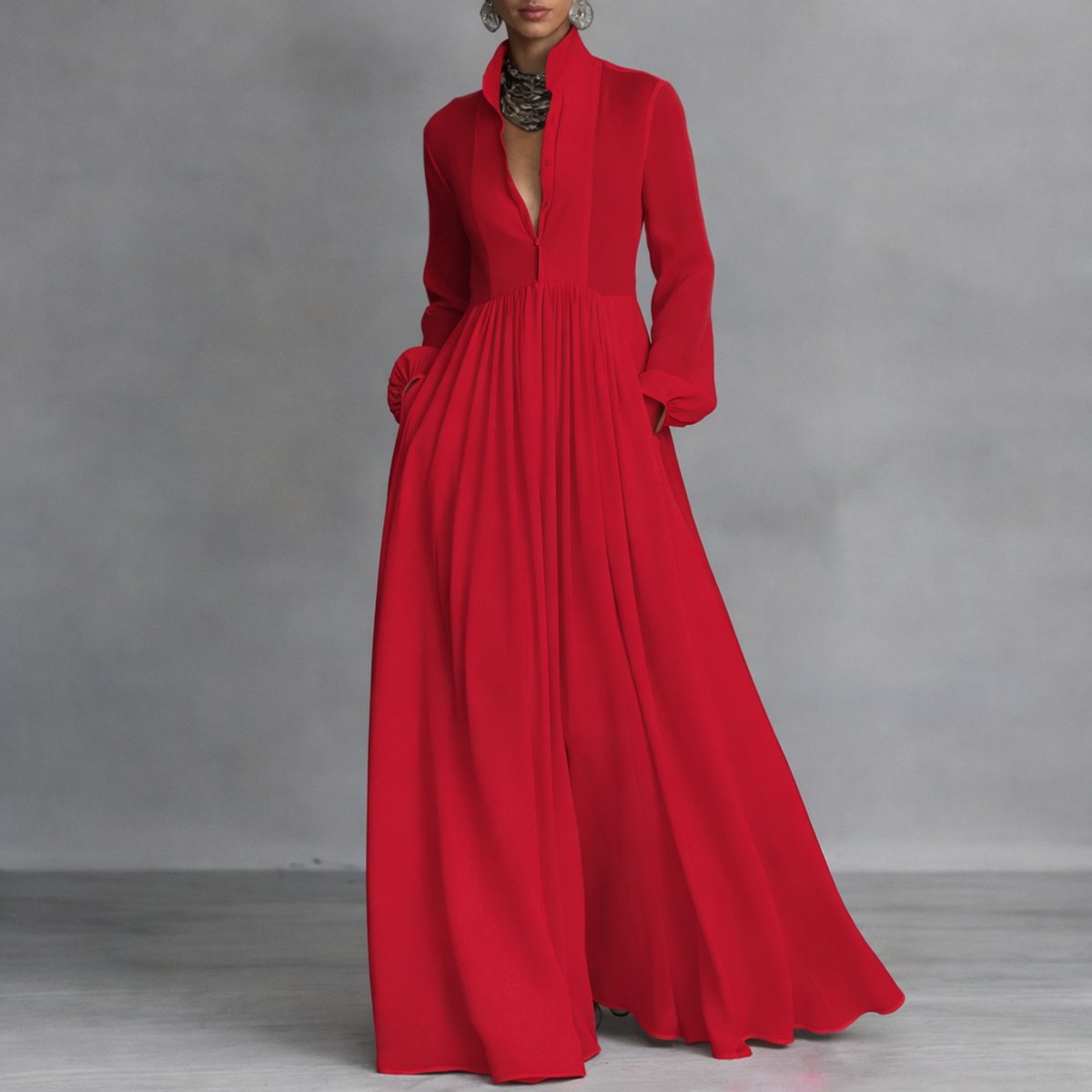Women's A-Line Button Up Gathered Waist Maxi Dress