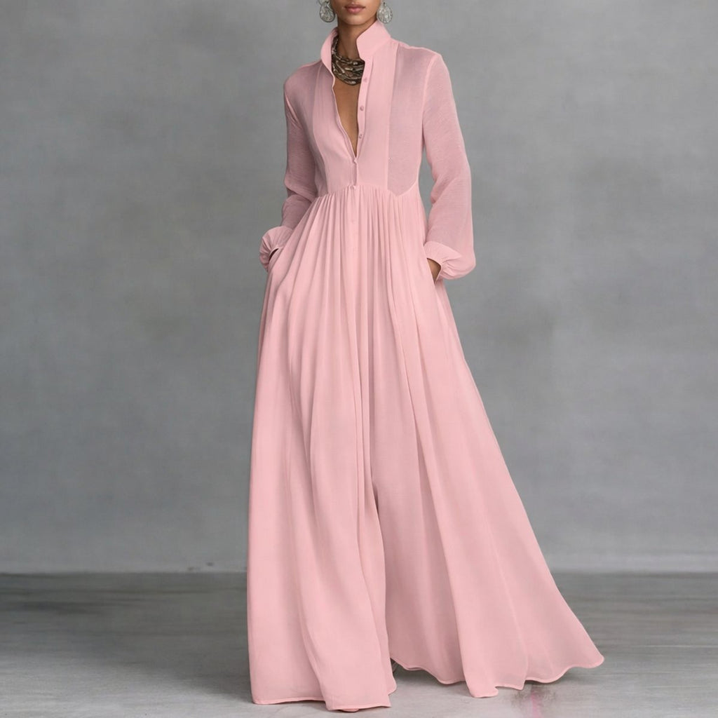 Women's A-Line Button Up Gathered Waist Maxi Dress