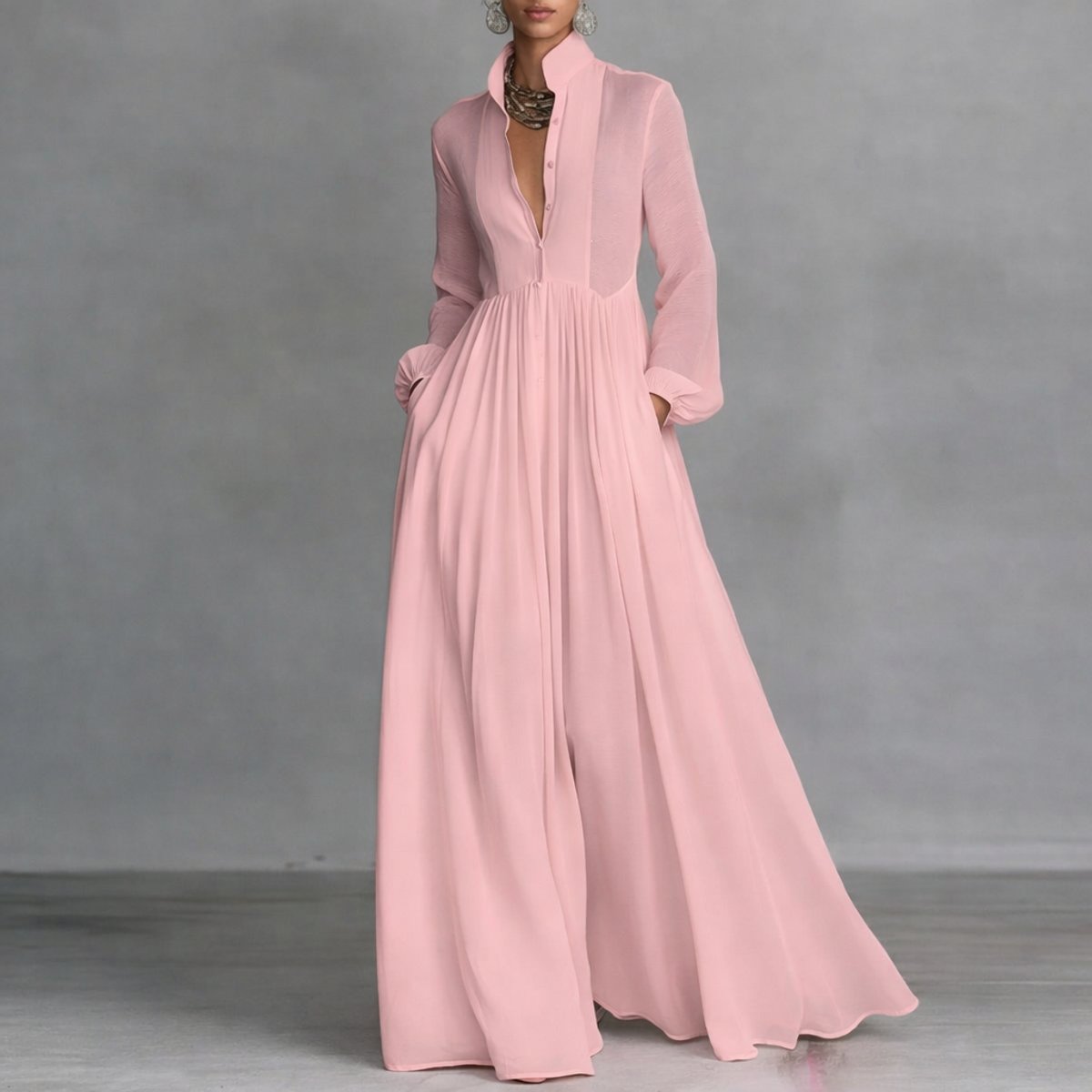 Women's A-Line Button Up Gathered Waist Maxi Dress