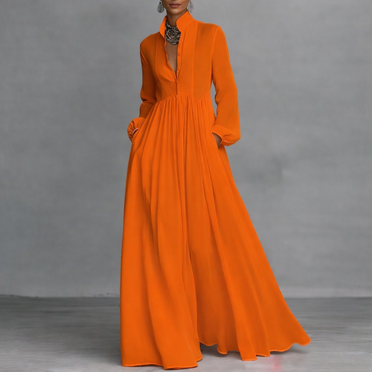 Women's A-Line Button Up Gathered Waist Maxi Dress