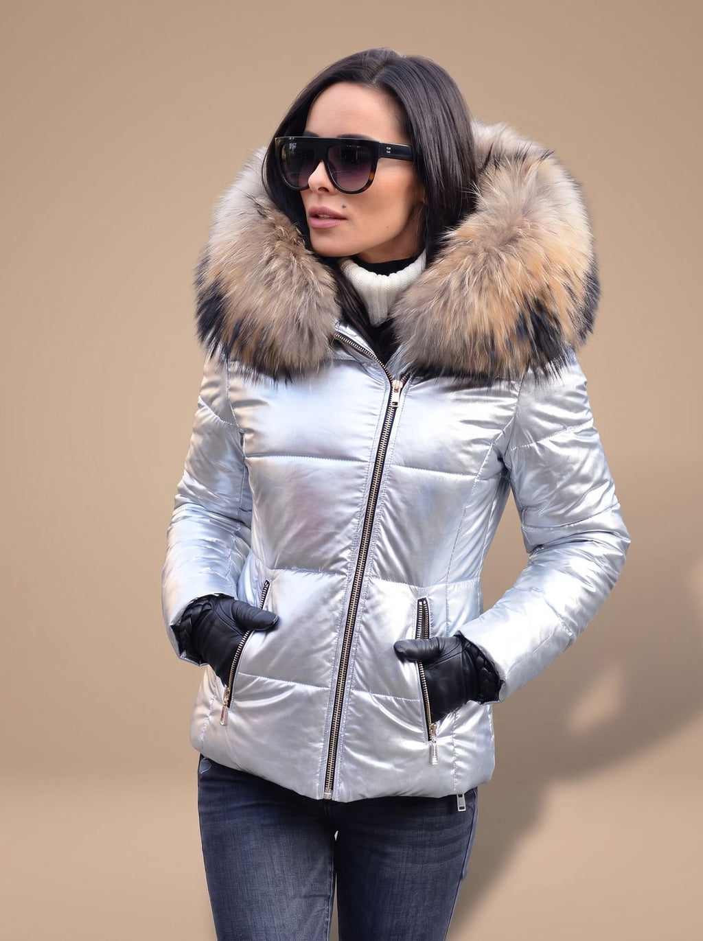 Women's Fitted Padded Coat with Fur Trim Hood