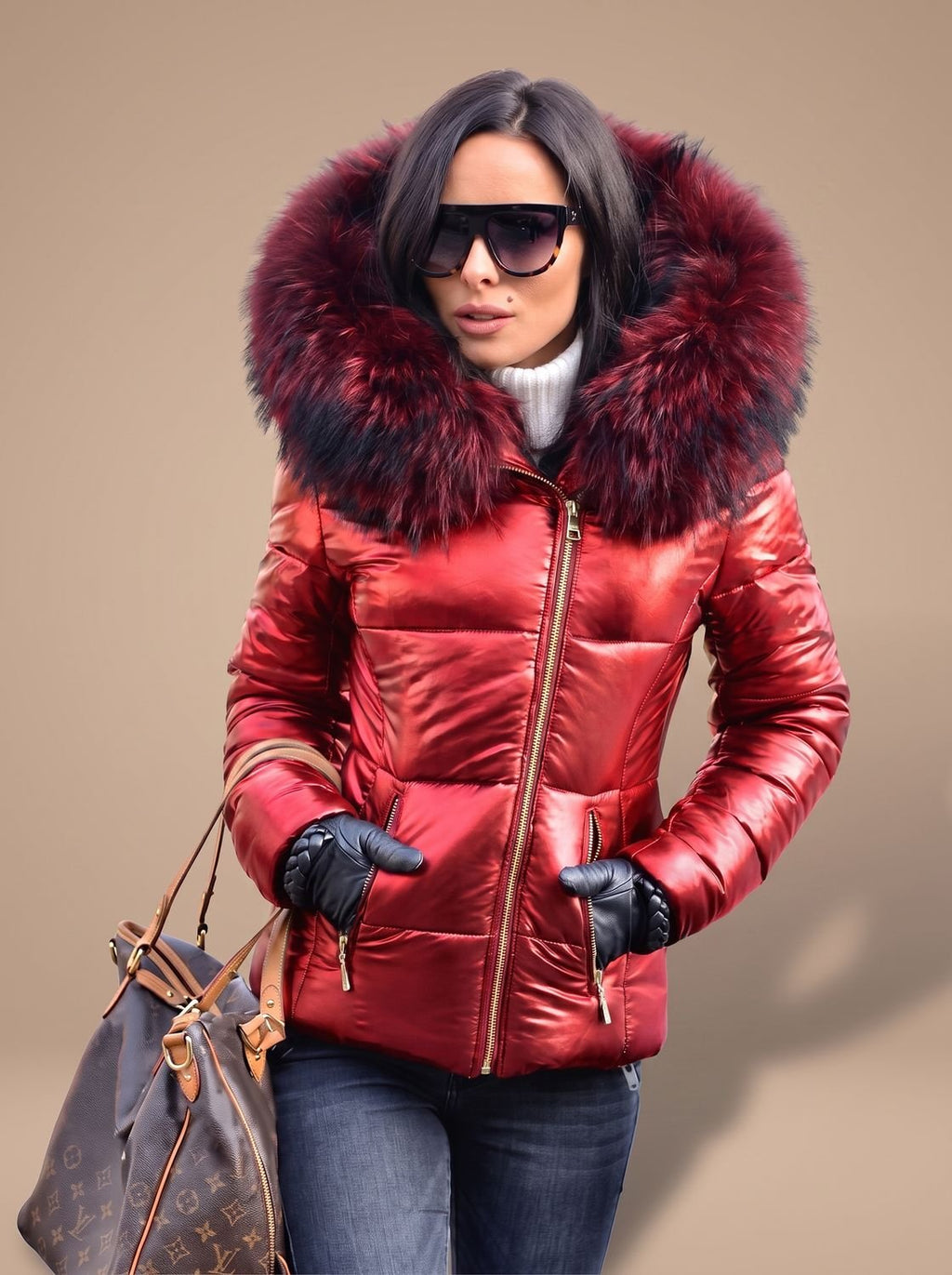 Women's Fitted Padded Coat with Fur Trim Hood