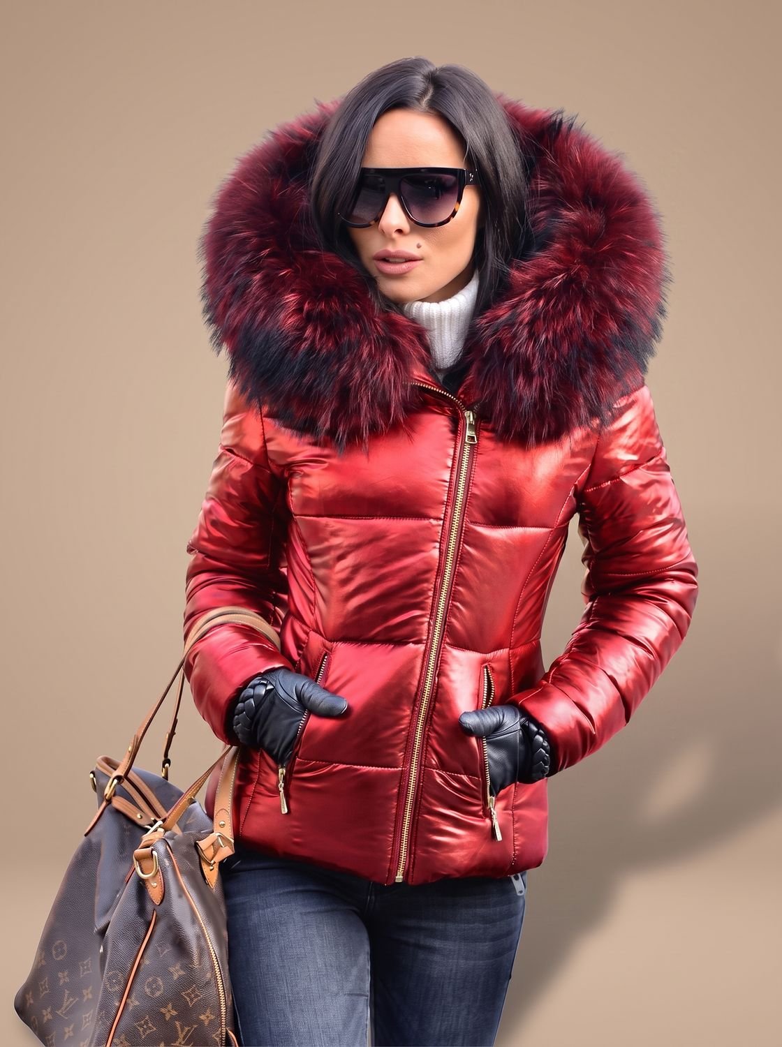 Women's Fitted Padded Coat with Fur Trim Hood