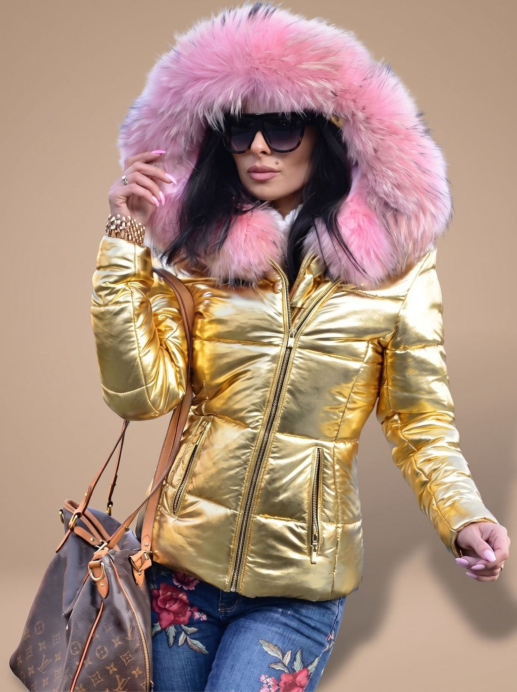 Women's Fitted Padded Coat with Fur Trim Hood