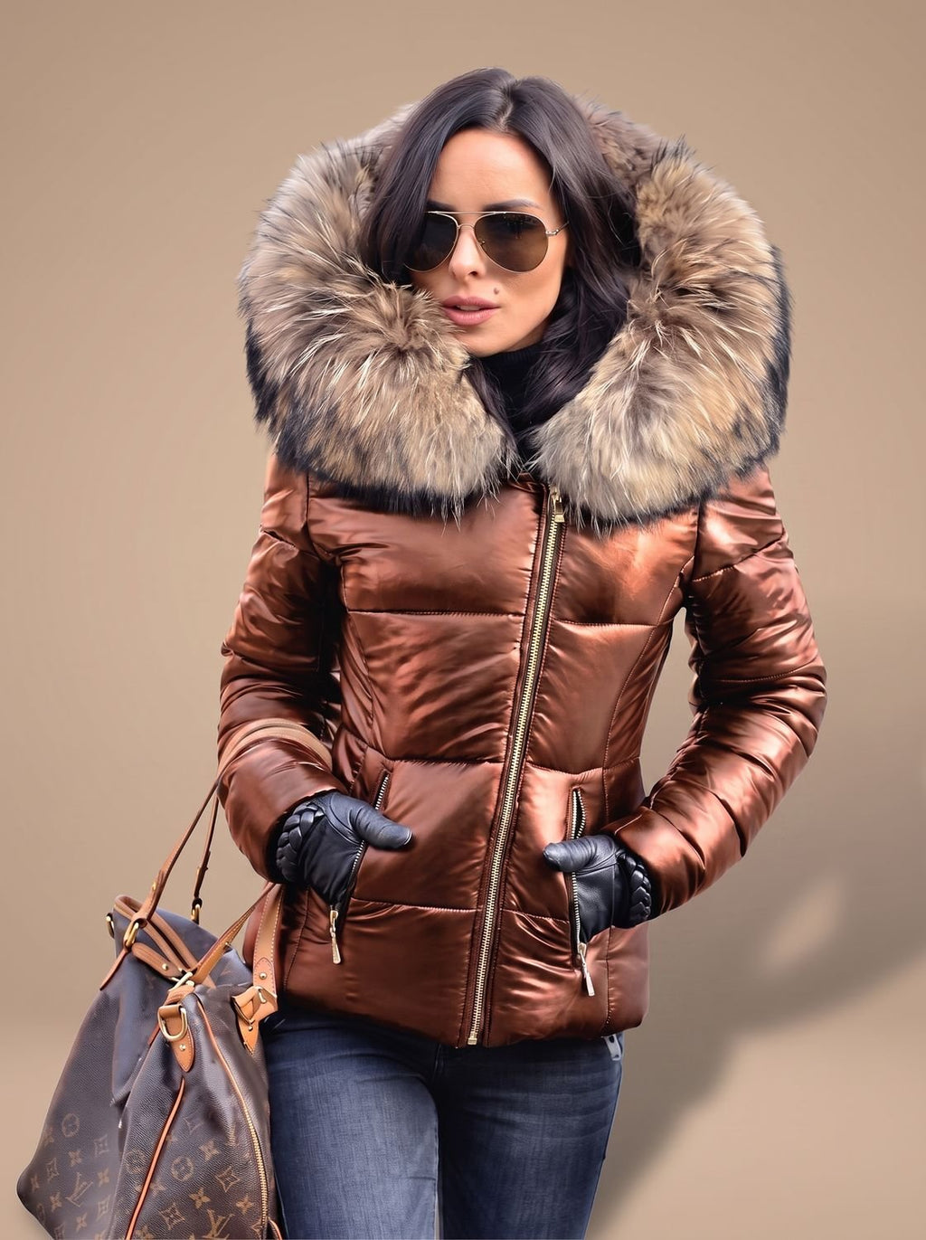 Women's Fitted Padded Coat with Fur Trim Hood