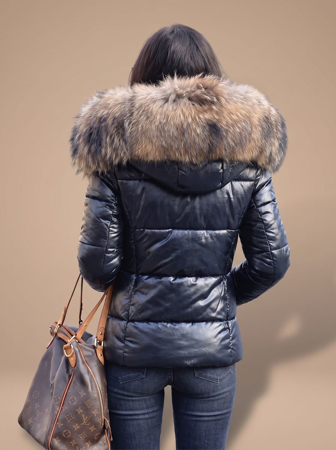 Women's Fitted Padded Coat with Fur Trim Hood