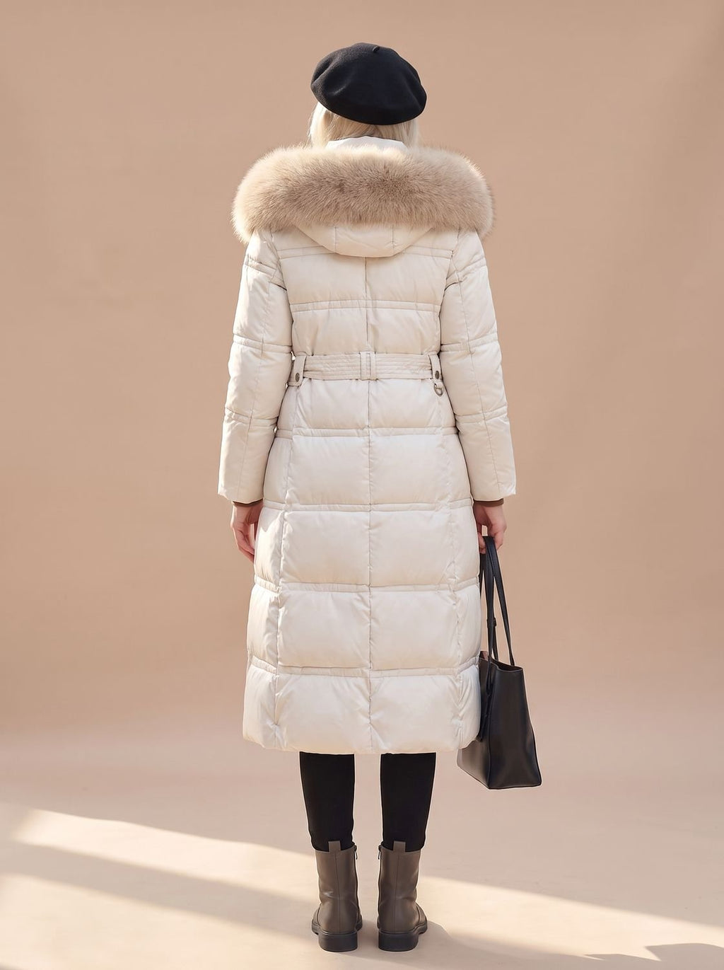 Women's Mid-Calf Padded Coat with Tie Belt and Fur Hood