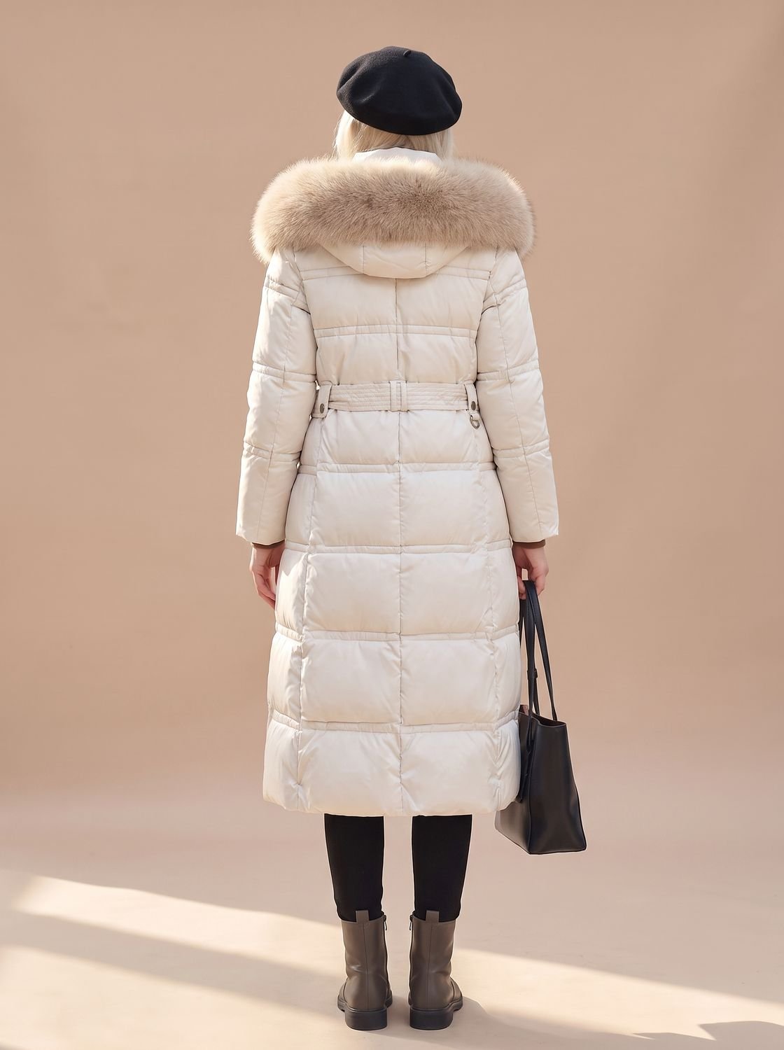 Women's Mid-Calf Padded Coat with Tie Belt and Fur Hood
