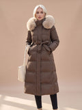 Women's Mid-Calf Padded Coat with Tie Belt and Fur Hood