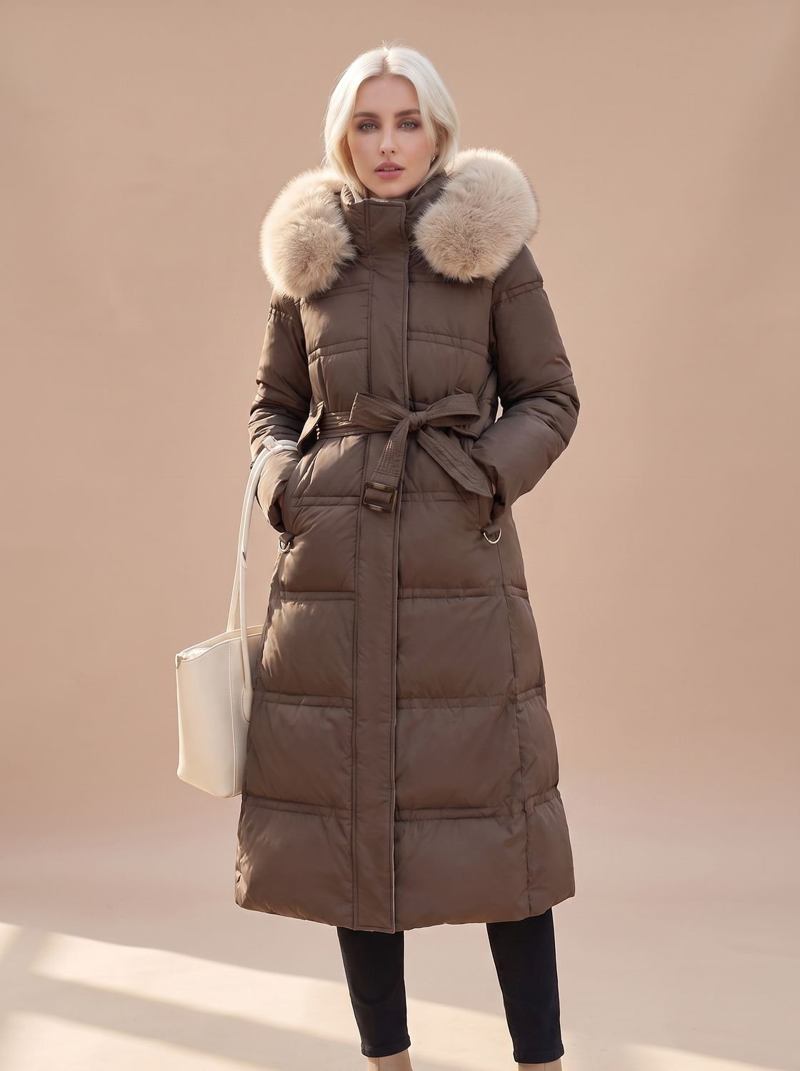 Women's Mid-Calf Padded Coat with Tie Belt and Fur Hood