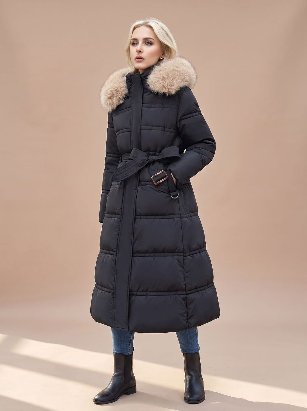 Women's Mid-Calf Padded Coat with Tie Belt and Fur Hood